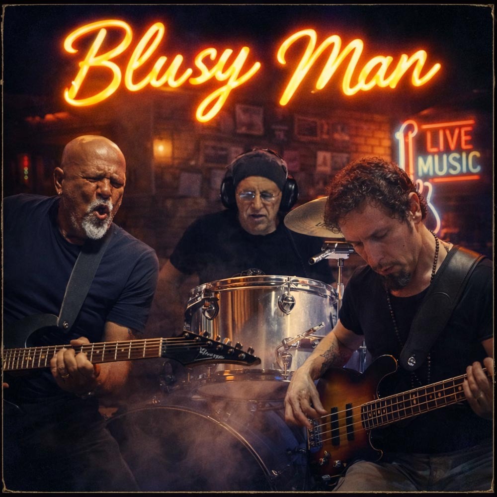 Blusy Man copertina album insegna luminosa sfondo musicisti